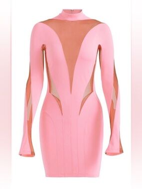 Mugler Pink Long-Sleeve Mesh Panel Bodycon Dress